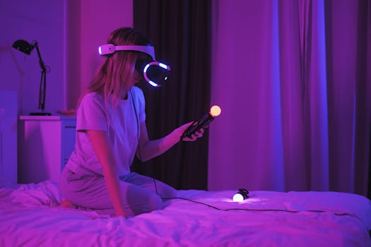 A woman kneels on a bed playing with a VR headset and controllers in a purple-lit room.